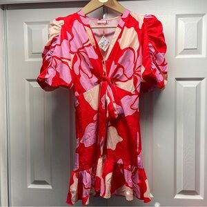 Naranjarosa Women’s Sz M Red&pink Floral Print V-neck & tie Front Puff Sleeves